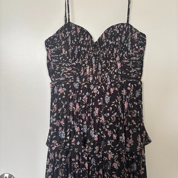 Lulus Cascading Crush Black Floral Print Tiered Bustier Midi Dress | Size XS - Picture 3 of 6